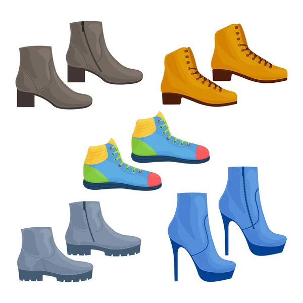 Schuhe. Ein großes Set bestehend aus verschiedenen Schuhen, wie Schuhen, Turnschuhen, Stilettoschuhen. Vektor-Illustration für klassische und Sportschuhe — Stockvektor