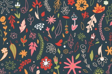 Doodle tarzı arka plan. Yaz havası. Moda ambalajı için vektör illüstrasyonu, kartlar, iç mekan, eşyalar. Mavi arkaplan dizaynındaki bitkiler.