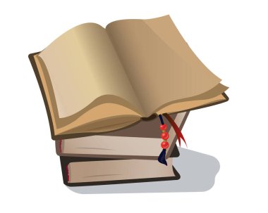 Three Books Flat Art. Icon, Logo, picture for the design of a book card. Book store, library. Literary Presentation. Vector design. An open book lies on two volumes