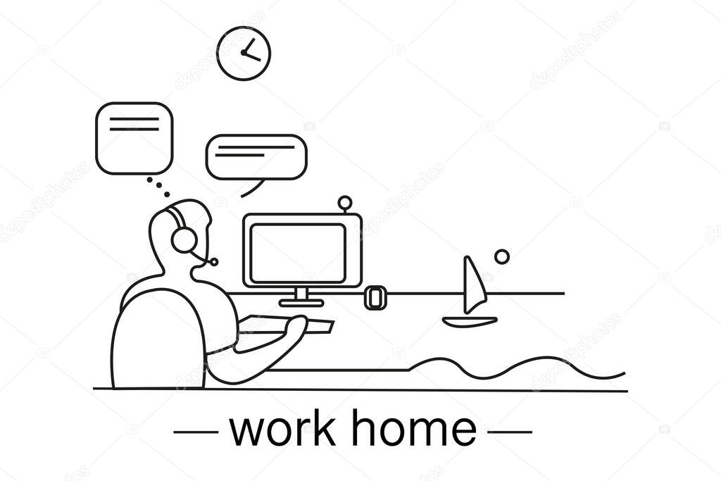 Work Home. The man is sitting at the table. A young man works from home. The guy in front of the computer. Line art human sit. PC. Work Home. On a trip, on vacation. Travel and work.