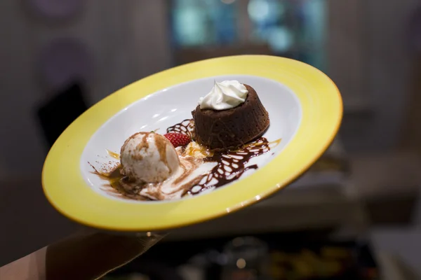 Molten chocolate lava cake with ice cream for dessert — Stock Photo, Image