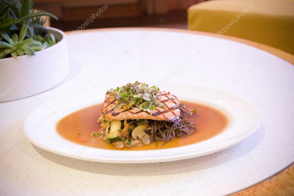 Soy Glazed Salmon and Veggie Soba Noodle Pasta