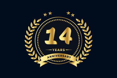 14. altın yıldönümü logosu, parlak yüzük ve altın kurdeleyle, defne çelengi lacivert arka planda izole edilmiş.