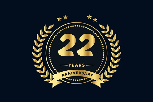 22Th Golden Anniversary Logo Shiny Ring Golden Ribbon Laurel Wreath — Stock Vector