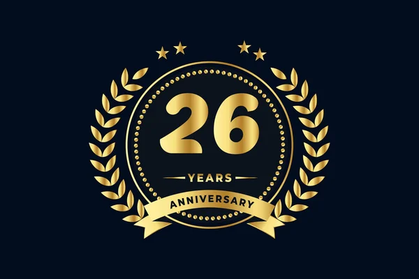 26. yıl dönümü logosu, parlak yüzük ve altın kurdeleyle, defne çelengi lacivert arka planda izole edilmiş.