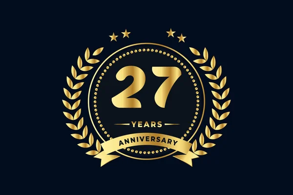 27. yıl dönümü logosu, parlak yüzük ve altın kurdeleyle, defne çelengi lacivert arka planda izole edilmiş.
