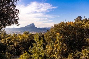 Çalılıkların arasından Pic Saint-Loup 'un manzarası (Occitanie, Fransa)
