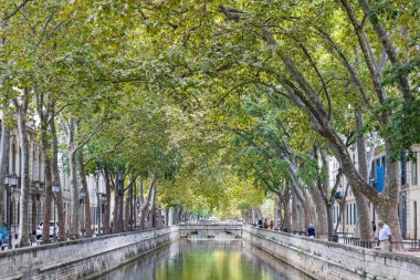 Nimes 'teki ağaçların altında Kanal de la fontaine (Occitanie, Fransa)
