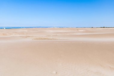Akdeniz kıyısındaki Pointe de l 'Espiguette' de kum tepesi manzarası (Occitanie, Fransa)