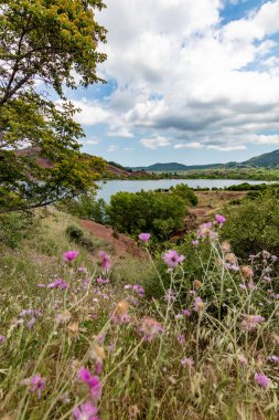 Salagou Gölü 'ndeki kırmızı kayaların manzarası (Occitanie, Fransa)