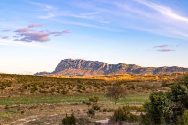 Pic Saint-Loup 'un kuzey yüzü, batan güneş tarafından aydınlatılmıştır (Occitanie, Fransa)