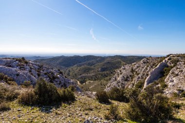 Alpilles bölgesel doğal parkındaki (Fransa) Platosu de la Caume manzarası)