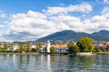 Cenevre Gölü 'nden La Tour-de-Peilz manzarası (Vaud, İsviçre)