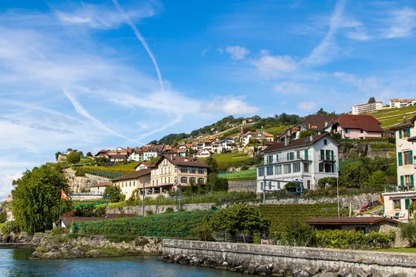 Widok Region Lavaux Łodzi Jeziorze Genewskim Vaud Szwajcaria — Zdjęcie stockowe