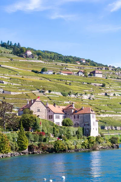 Lavaux bölgesinin Geneva Gölü 'ndeki bir tekneden görünüşü (Vaud, İsviçre)