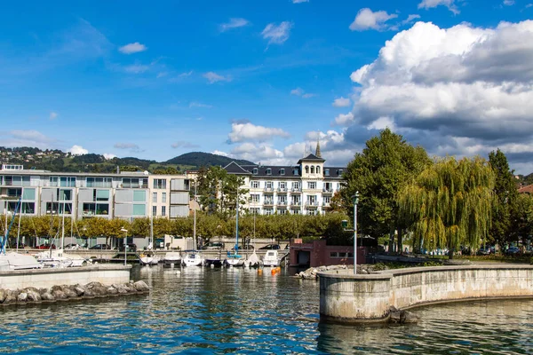 Vista Tour Peilz Desde Barco Lago Ginebra Vaud Suiza — Foto de Stock
