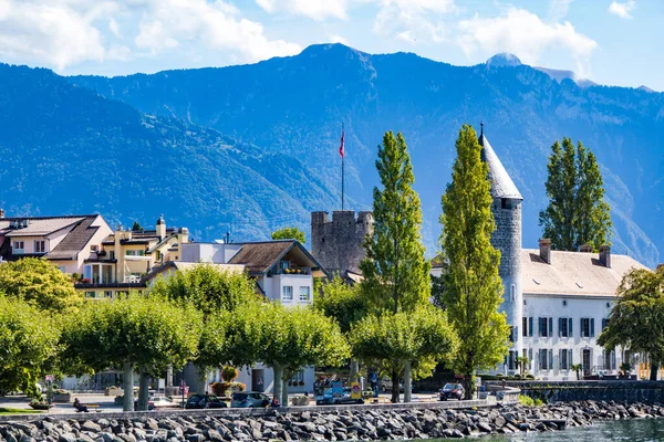 Vista Tour Peilz Desde Barco Lago Ginebra Vaud Suiza — Foto de Stock