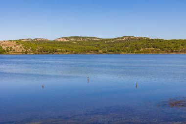 Gruissan köyü Gruissan gölünün karşı kıyısından ufukta görünüyor.