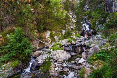 Ordon Gölü ve Laquette Gölü arasındaki Aumar Geçidi 'nin çam ormanındaki bir derede küçük şelaleler.
