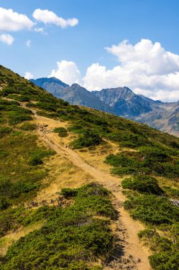 Arbizon Massif, Col d Aspin 'ten görüldü, Hautes-Pyrenees' in yeşil vadileri ve orman yamaçlarıyla çevrili.