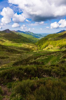 Jordanne Vadisi 'nin tepesinden Monts du Cantal' ın yeşil manzarası.