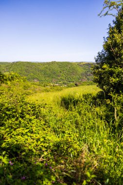 Hamlet of La Condomine on the banks of the Tarn from the heights of Ambialet