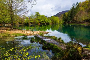 Baharda Bethmale Gölü, yemyeşil bir ormanla çevrili. Gölün yeşil sularına yansıyor.