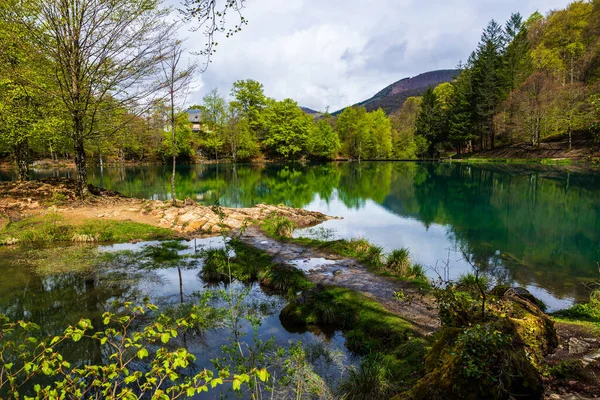 Baharda Bethmale Gölü, yemyeşil bir ormanla çevrili. Gölün yeşil sularına yansıyor.