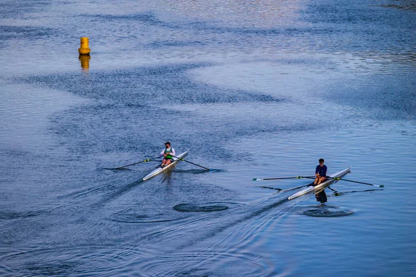 İki kürekçi Toulouse 'daki Garonne' da kürek çekiyorlar.