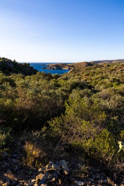 Kadavralarda Cap de Creus 'un yürüyüş patikalarından Portlligat Körfezi ve Pointe des Caials
