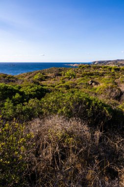 Kadavralarda Cap de Creus 'un yürüyüş patikalarından Portlligat Körfezi ve Pointe des Caials