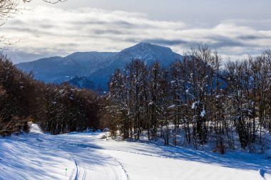 Vercors 'taki Chalimont Sırtı kışın karla kaplıydı. Rencurel' daki Coulmes Nordic kayak bölgesinden görüldü.