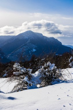 Vercors 'taki Chalimont Sırtı kışın karla kaplıydı. Rencurel' daki Coulmes Nordic kayak bölgesinden görüldü.