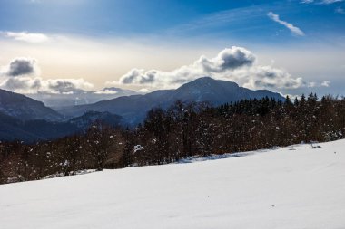 Vercors 'taki Chalimont Sırtı kışın karla kaplıydı. Rencurel' daki Coulmes Nordic kayak bölgesinden görüldü.