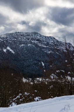 Orta Vercors yüksek kireçtaşı uçurumları kışın karla kaplı, Coulmes İskandinav kayak alanından görünüyor.
