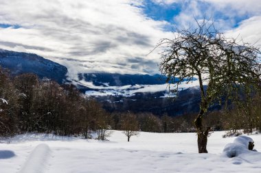 Saint-Julien-en-Vercors Platosu ve kışın karla kaplı Güney Vercors dağları, Rencurel 'deki La Goulandiere köyünün kalıntılarından görülüyor.