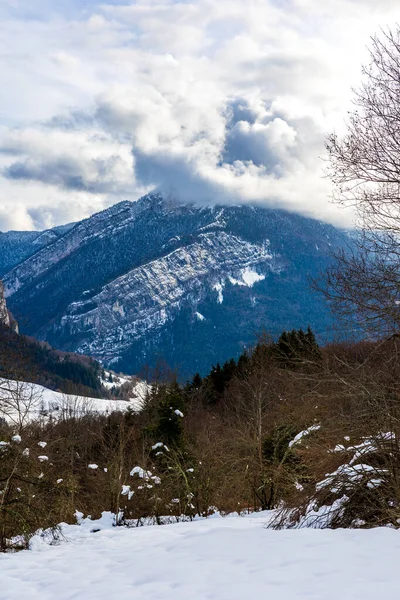 Vercors 'taki Chalimont Sırtı kışın kar ve sisle kaplıydı, Rencurel köyünden görüldü.