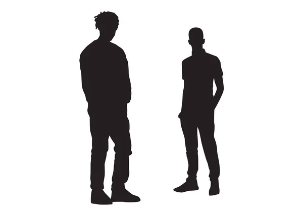 Deux Hommes Debout Main Dans Poche Vue Face Silhouette Vectorielle — Image vectorielle