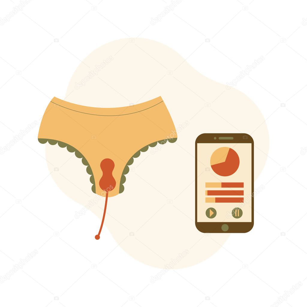 Panties, kegel trainer and mobile application flat illustration. Simulator, device,  female health. Strengthen muscles of vagina and pelvic floorconcept. Can be used for topics like intimate gymnastics, recovery, gynecology