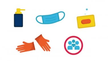 Coronavirus prevention icon set 2D animation on white background. Covid-19 safety rules. Hand sanitizer, protective gloves, medical mask, soap and social distancing concept