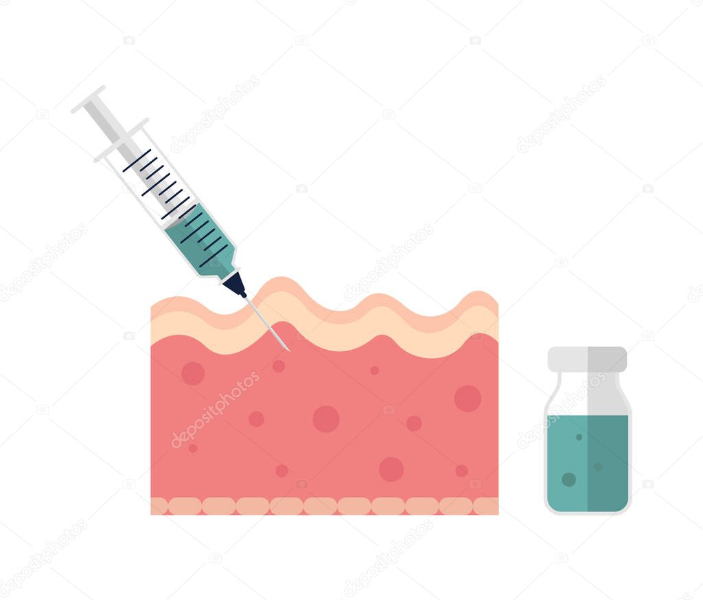 Syringe with injection for wrinkles and fine lines flat illustration. Skincare, beauty, rejuvination concept. For topics like anti-aging therapy, biorevitalization and mesotherapy