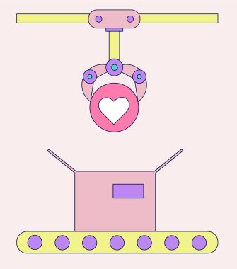 Robot manipülatörlü konveyör otomatikman üretim hattı kutularda gibi. Otomatik işlem. Onay, sosyal medya, geri bildirim. Modern endüstriyel teknoloji. Fabrikalar için aletler