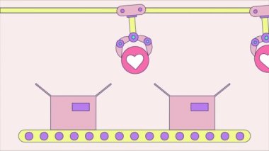 Otomatik üretim hattı ve robotik silah paketleme kutuları 2D animasyon gibi. Taşıyıcı, onay, sosyal medya, geri bildirim, robot. Blog konsepti. Fabrikalar için aletler