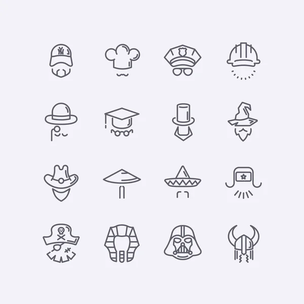 Vector moderno diseño plano iconos personajes con diferentes sombreros, barbas, gafas y sin rostro — Vector de stock