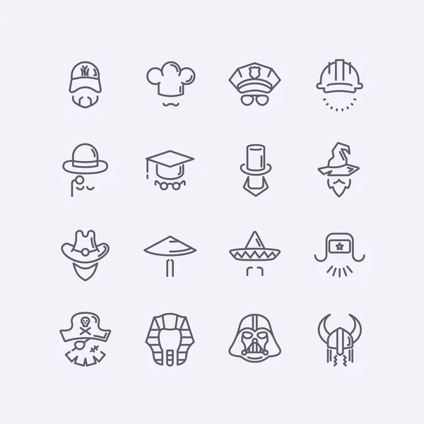 Vektor modern lapos design ikonok karakterek különböző kalapok, szakáll, szemüveg és nincs arca — Stock Vector