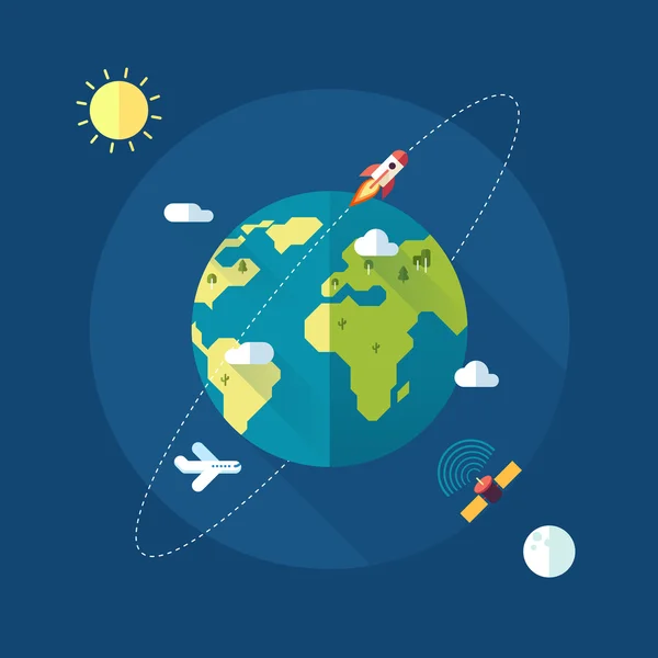 Bannière terrestre avec soleil, lune, étoiles et fusée spatiale — Image vectorielle