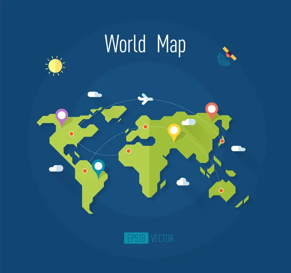 Mapa do mundo com marcas maneiras ponteiros satélite avião nuvens de sol —  Vetores de Stock