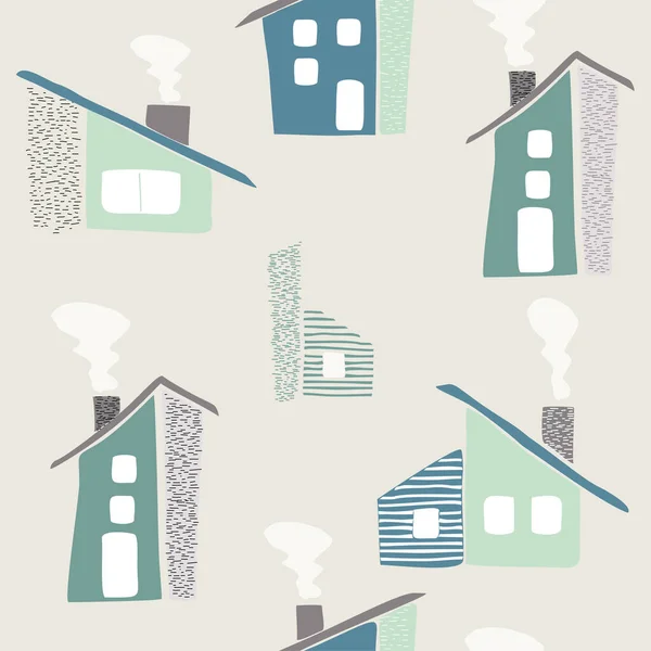 Elle çizilmiş evleri olan kusursuz çocuksu bir model. Kumaş, ambalaj, tekstil, duvar kağıdı ve giysi için yaratıcı çocuk şehir dokusu. Vektör illüstrasyonu.