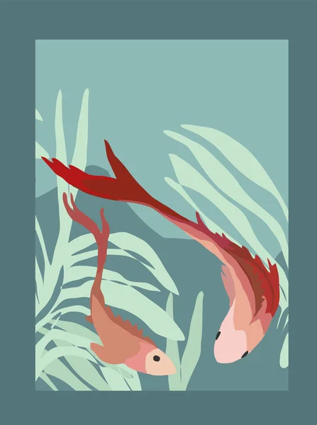 Kunstdruck mit abstrakten Fischen und Algen — Stockvektor