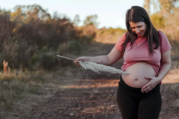 Foto Horizontal Una Mujer Latina Embarazada Medio Naturaleza Frotando Una — Foto de Stock